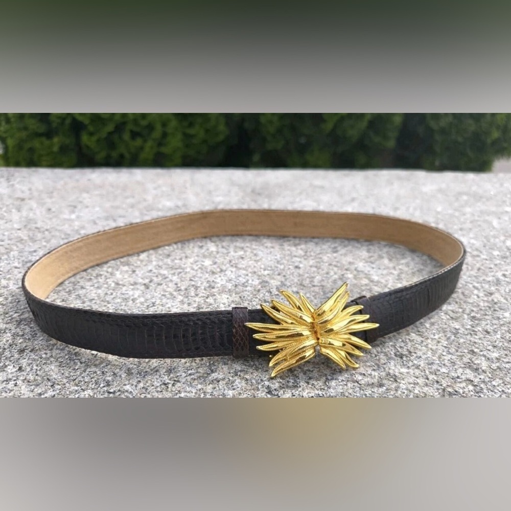 Vintage Women’s Gold Tone Leaves Buckle with Genuine Dark Brown Snake Skin Belt - Picture 6 of 16